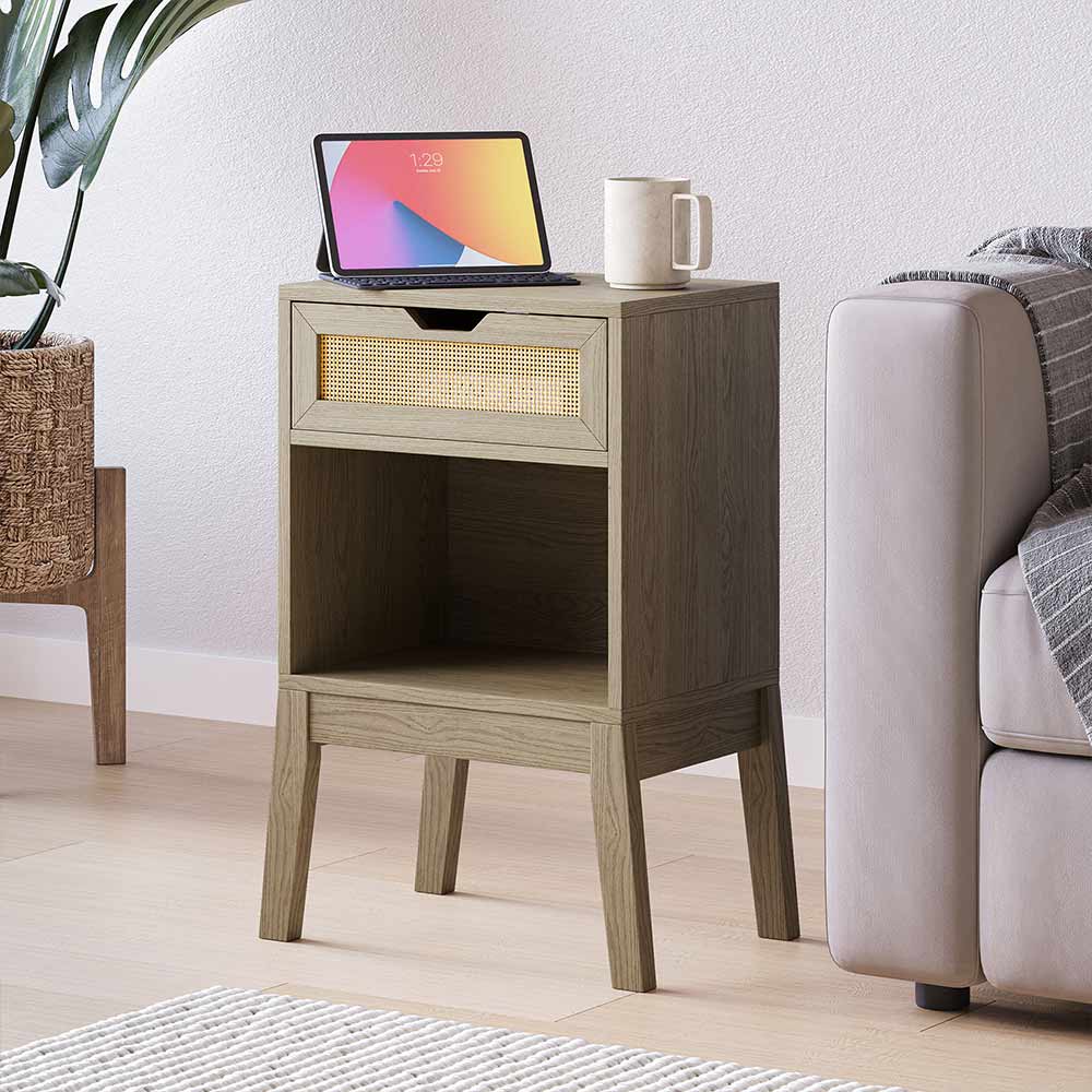Carl Accent Table with Rattan Door and USB Charging