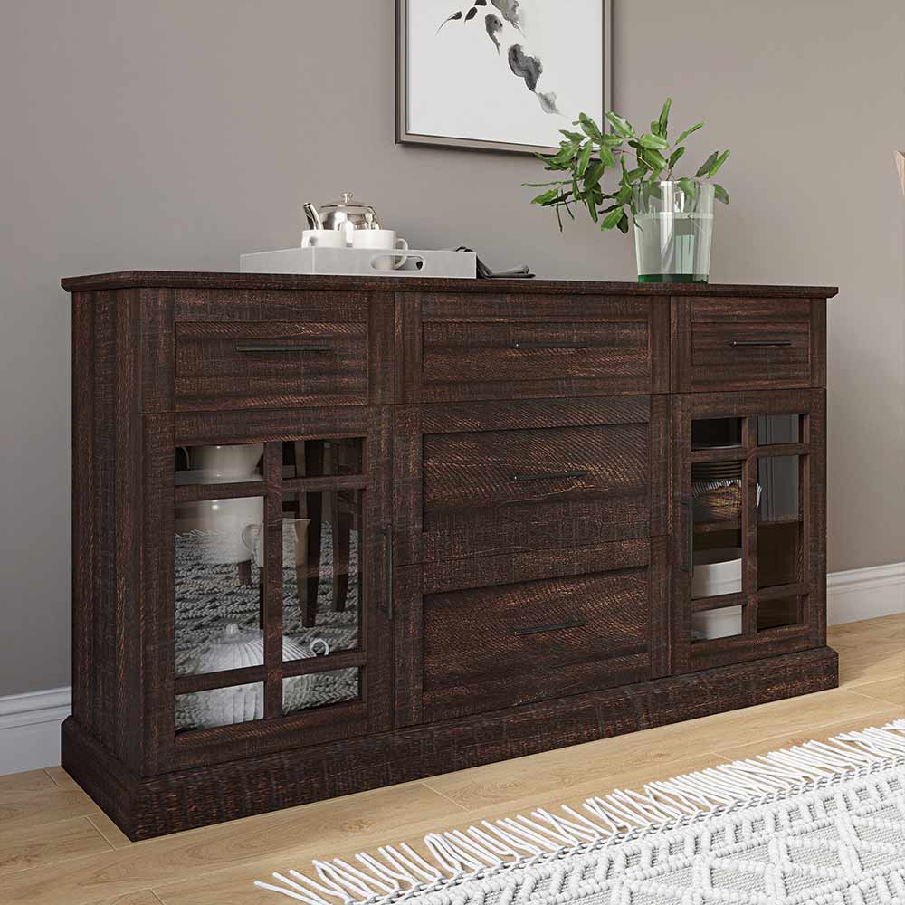 Astorga 58" Modern Farmhouse Buffet Cabinet with Drawers & Glass Doors