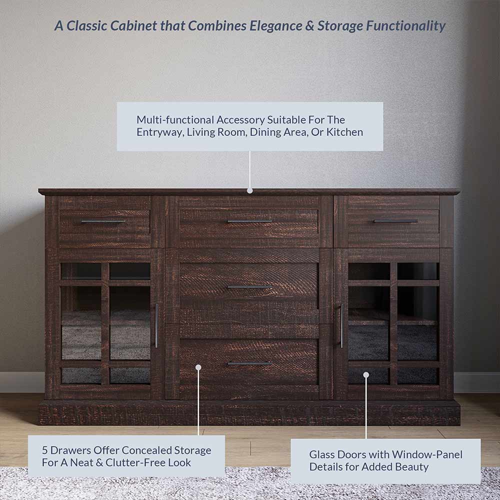 Astorga 58" Modern Farmhouse Buffet Cabinet with Drawers & Glass Doors