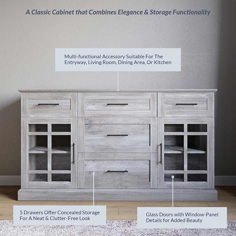 Astorga 58" Modern Farmhouse Buffet Cabinet with Drawers & Glass Doors