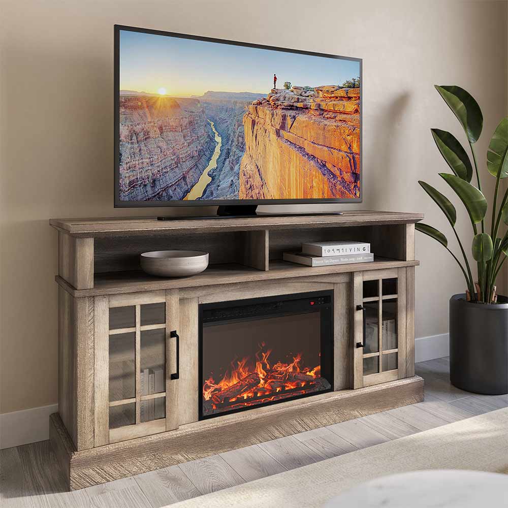 Astorga 58" Modern Farmhouse Fireplace TV Stand with Glass Doors