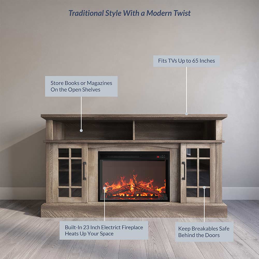 Astorga 58" Glass Door Modern Farmhouse Fireplace TV Stand