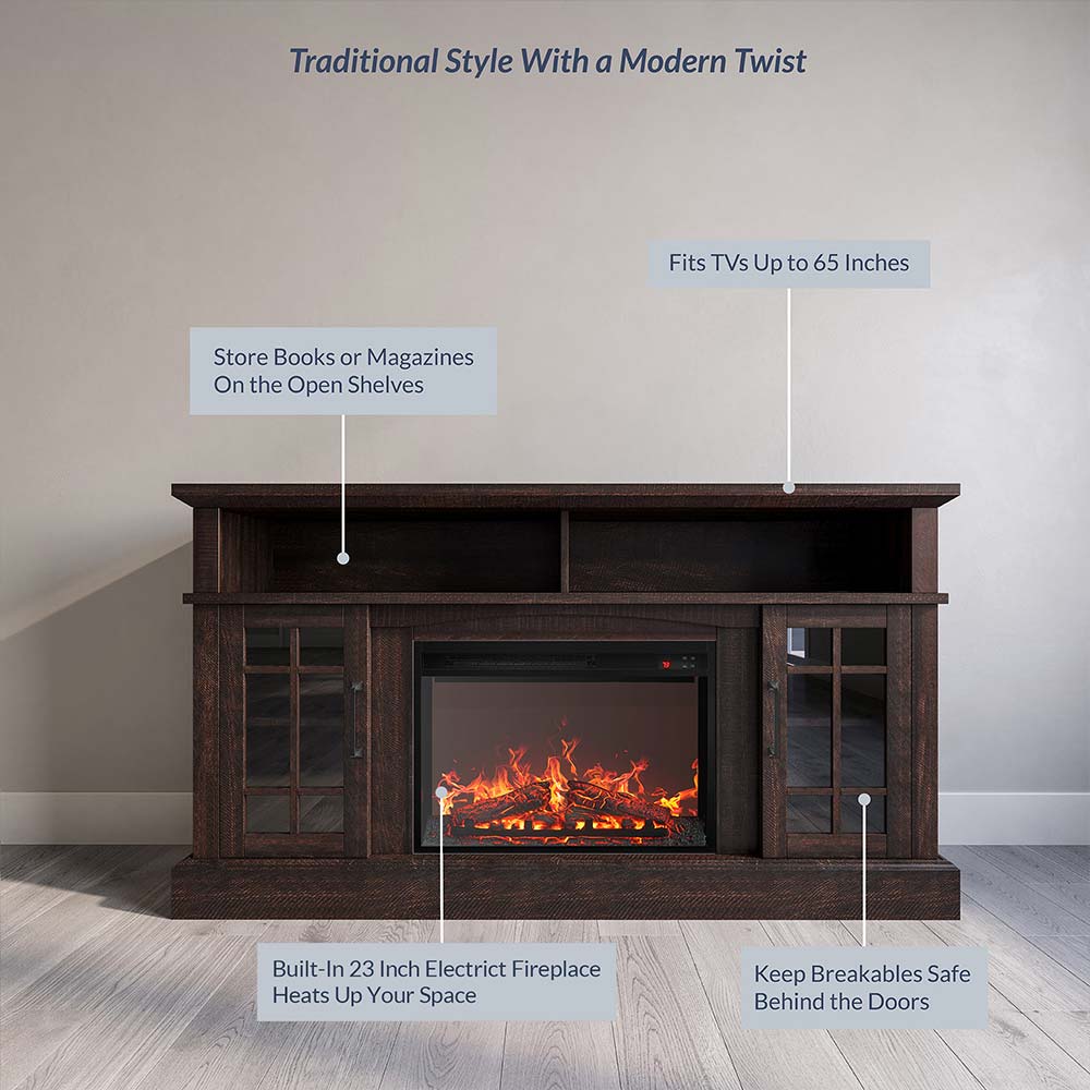 Astorga 58" Modern Farmhouse Fireplace TV Stand with Glass Doors