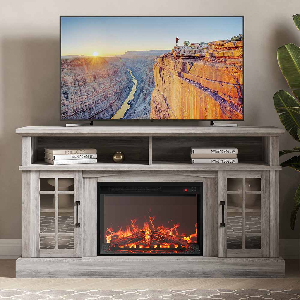 Astorga 58" Glass Door Modern Farmhouse Fireplace TV Stand