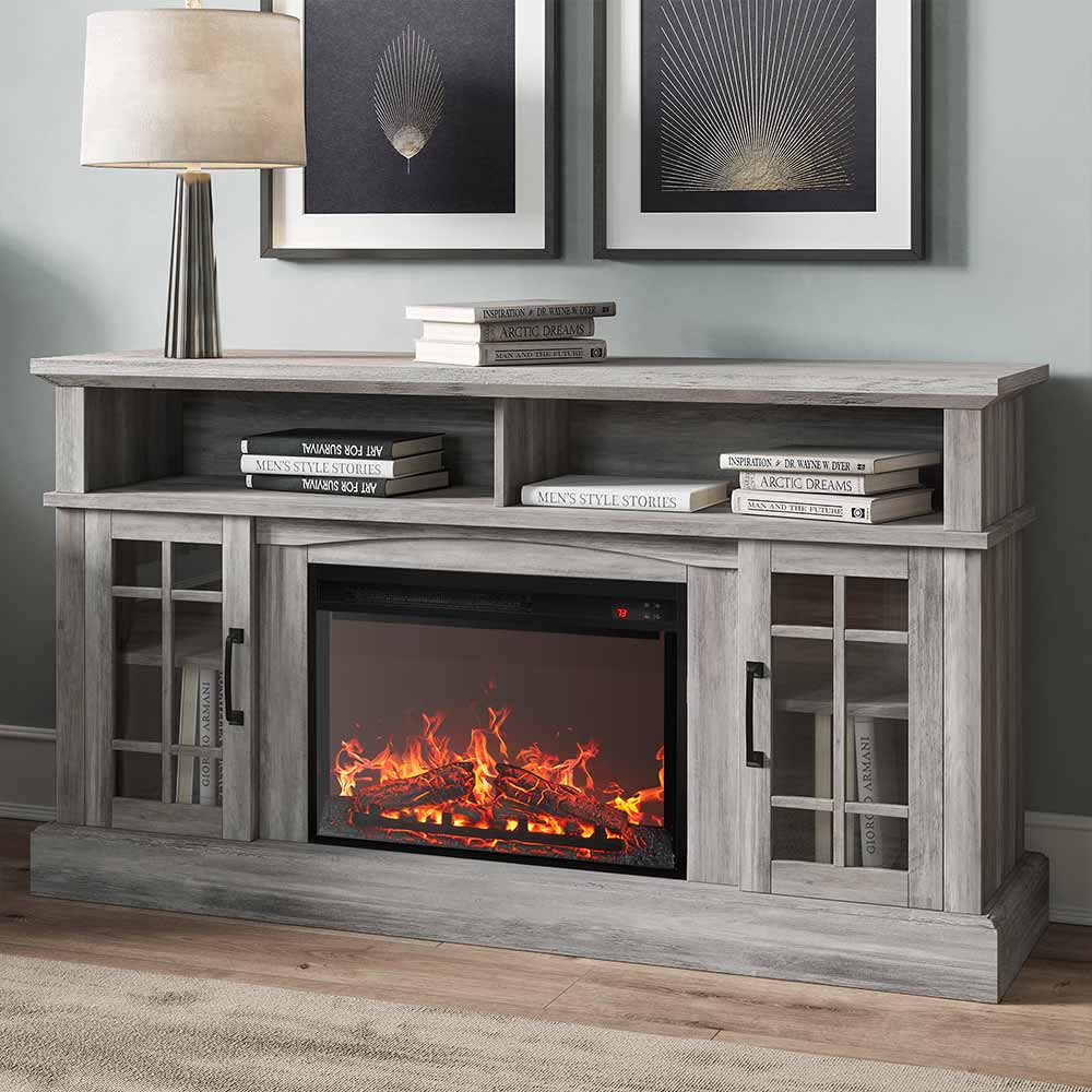 Astorga 58" Modern Farmhouse Fireplace TV Stand with Glass Doors