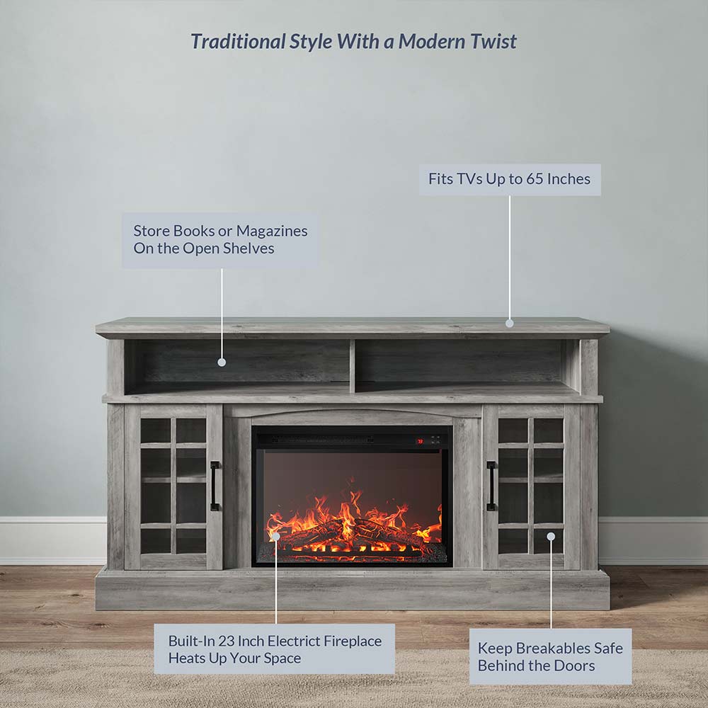 Astorga 58" Modern Farmhouse Fireplace TV Stand with Glass Doors