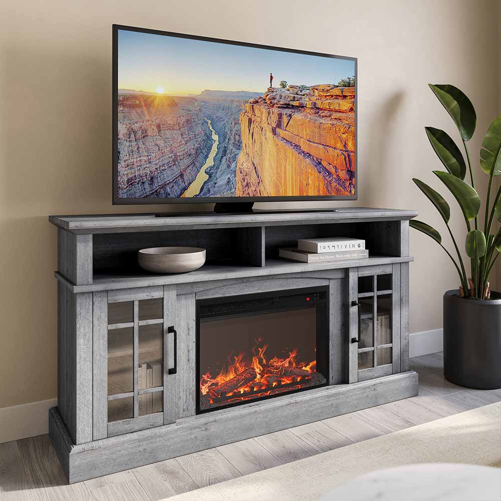 Astorga 58" Modern Farmhouse Fireplace TV Stand with Glass Doors