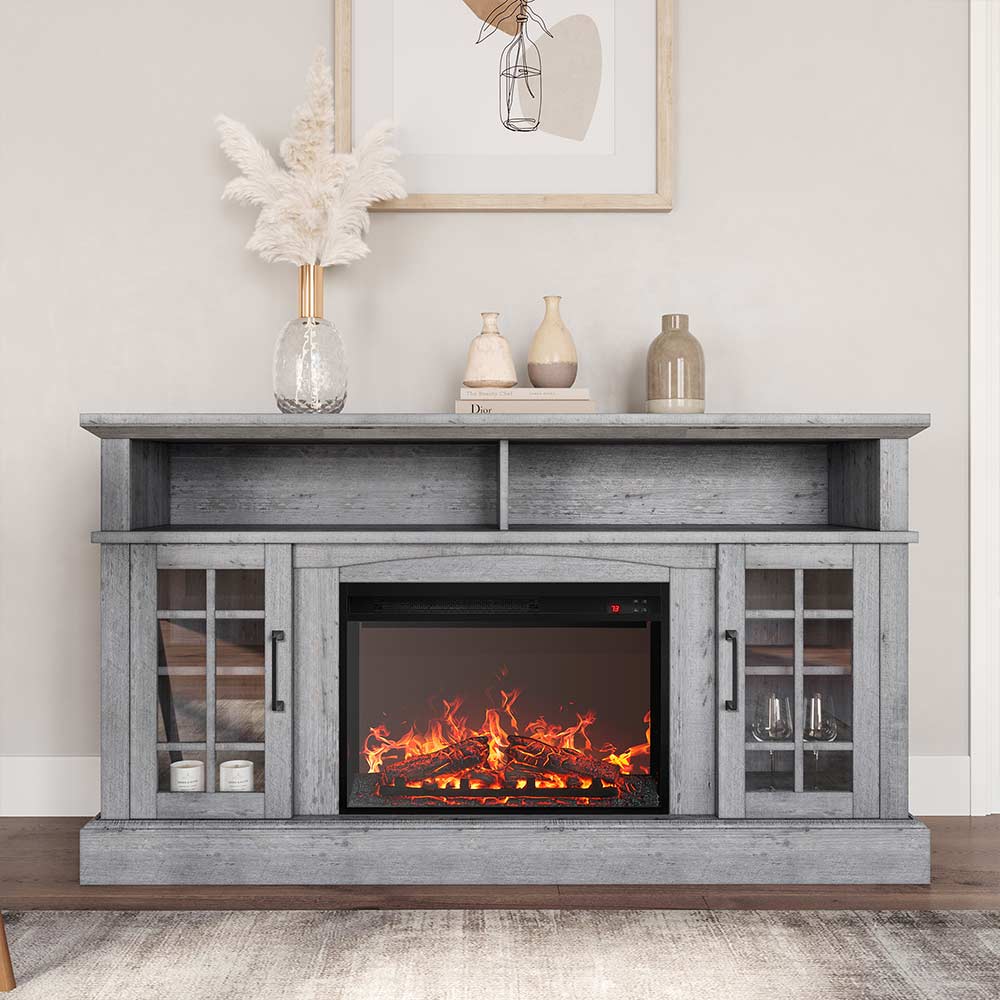 Astorga 58" Modern Farmhouse Fireplace TV Stand with Glass Doors