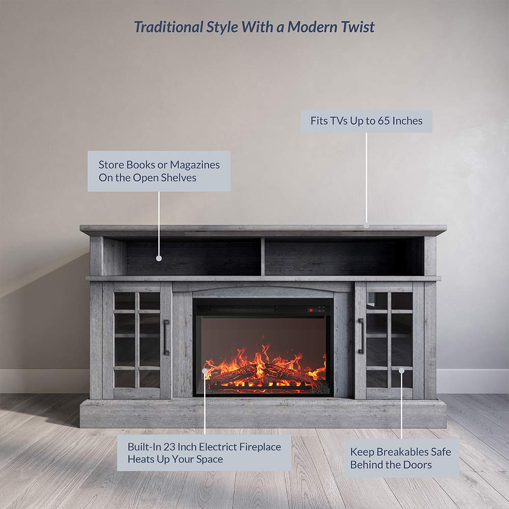 Astorga 58" Modern Farmhouse Fireplace TV Stand with Glass Doors