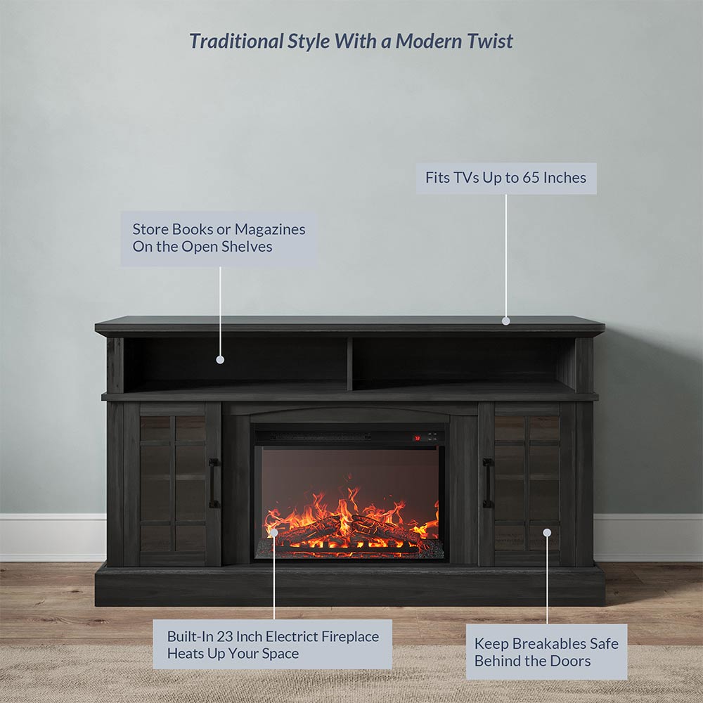 Astorga 58" Modern Farmhouse Fireplace TV Stand with Glass Doors