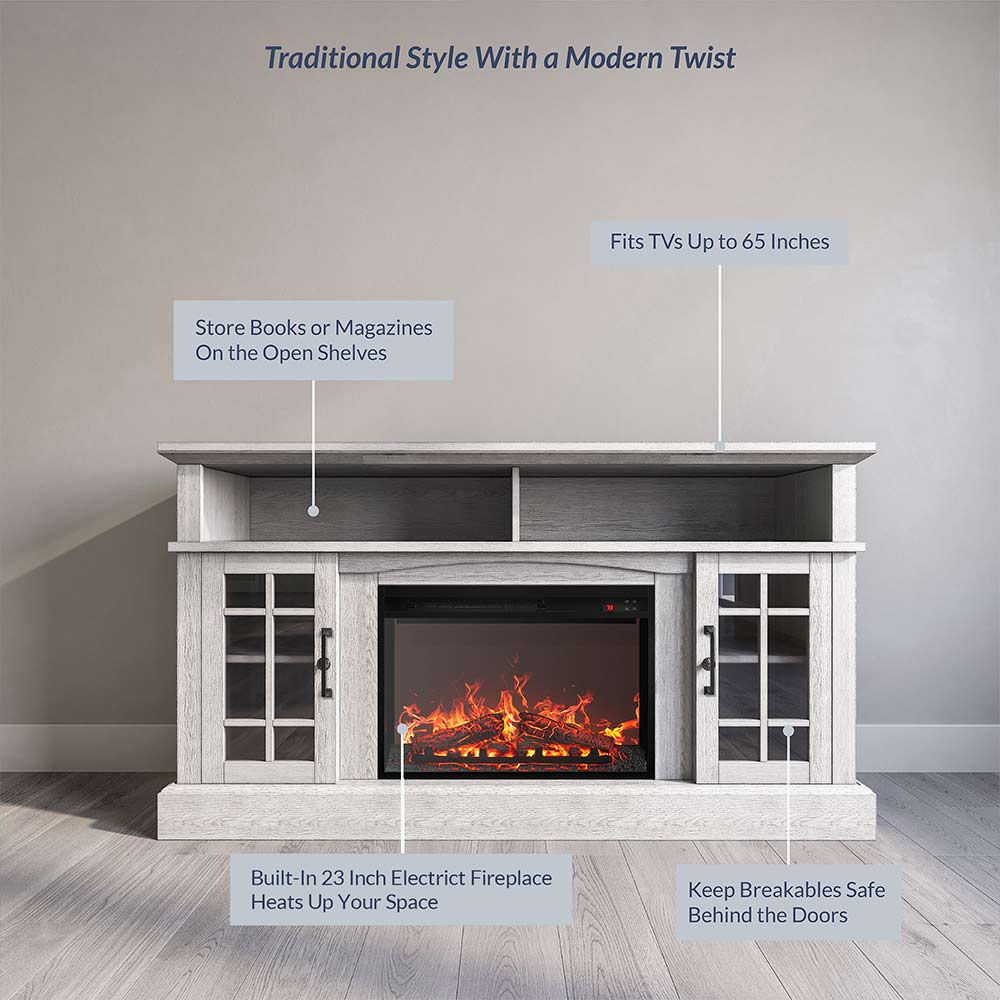 Astorga 58" Modern Farmhouse Fireplace TV Stand with Glass Doors