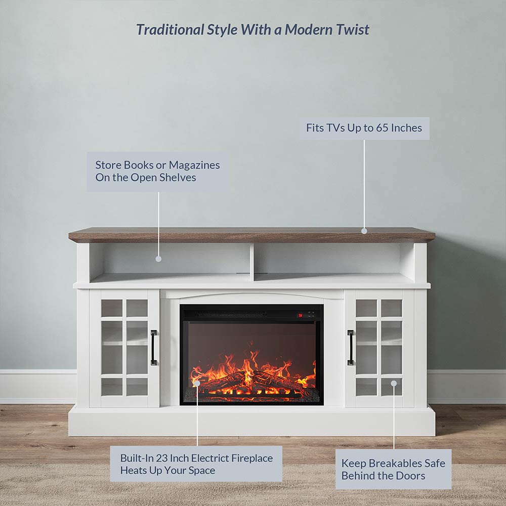 Astorga 58" Modern Farmhouse Fireplace TV Stand with Glass Doors