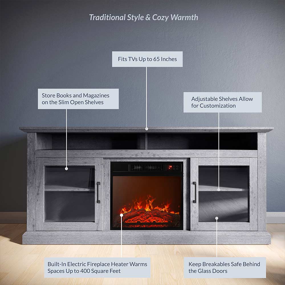 Cayman Farmhouse Fireplace TV Stand for TVs up to 65″