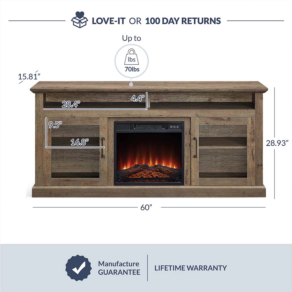 Cayman Farmhouse Fireplace TV Stand for TVs up to 65″