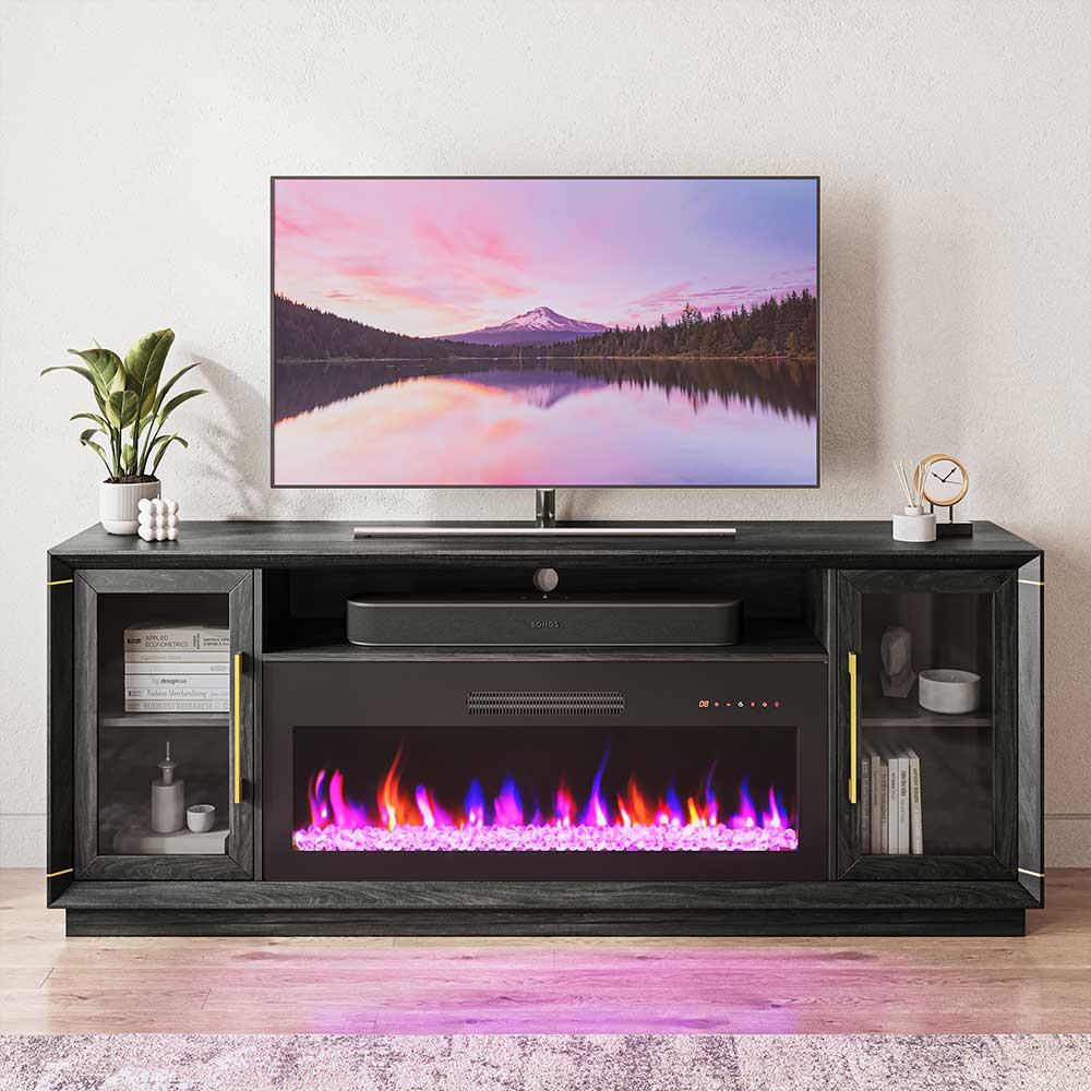 Sienna 74" Black Electric Fireplace TV Stand with Glass Doors