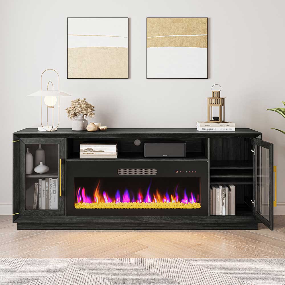 Sienna 74" Black Electric Fireplace TV Stand with Glass Doors