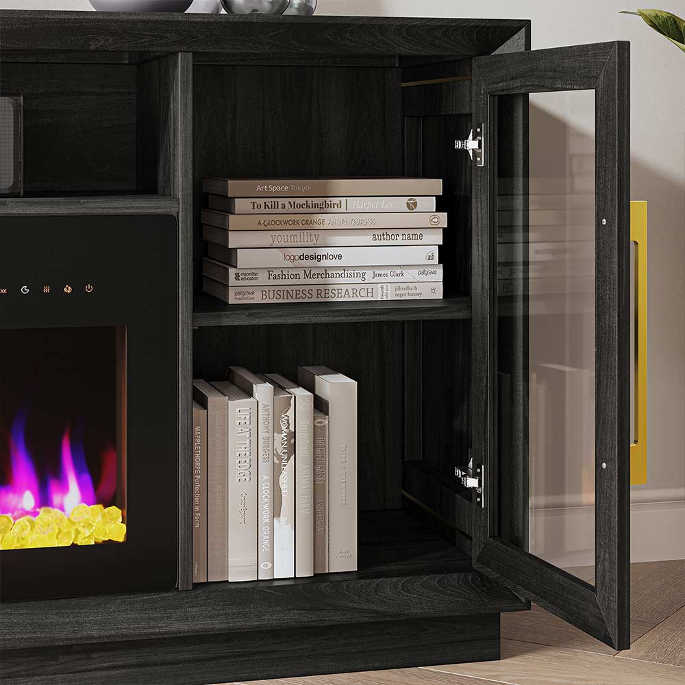Sienna 74" Black Electric Fireplace TV Stand with Glass Doors