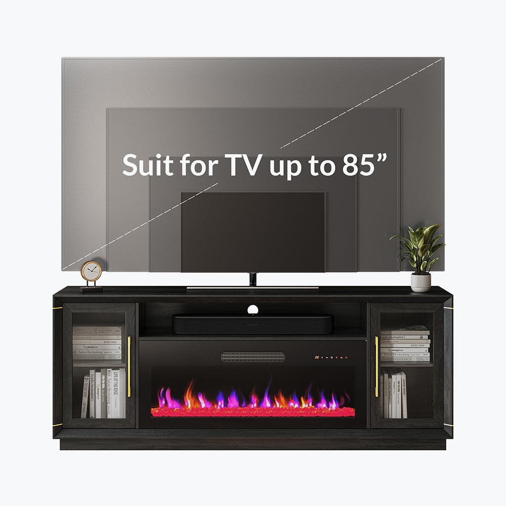 Sienna 74" Black Electric Fireplace TV Stand with Glass Doors