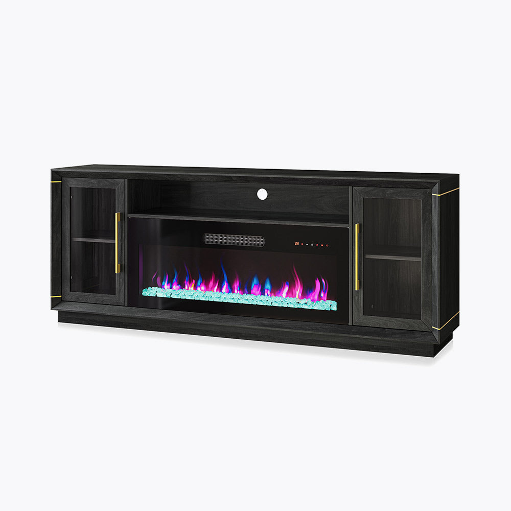 Sienna 74" Black Electric Fireplace TV Stand with Glass Doors