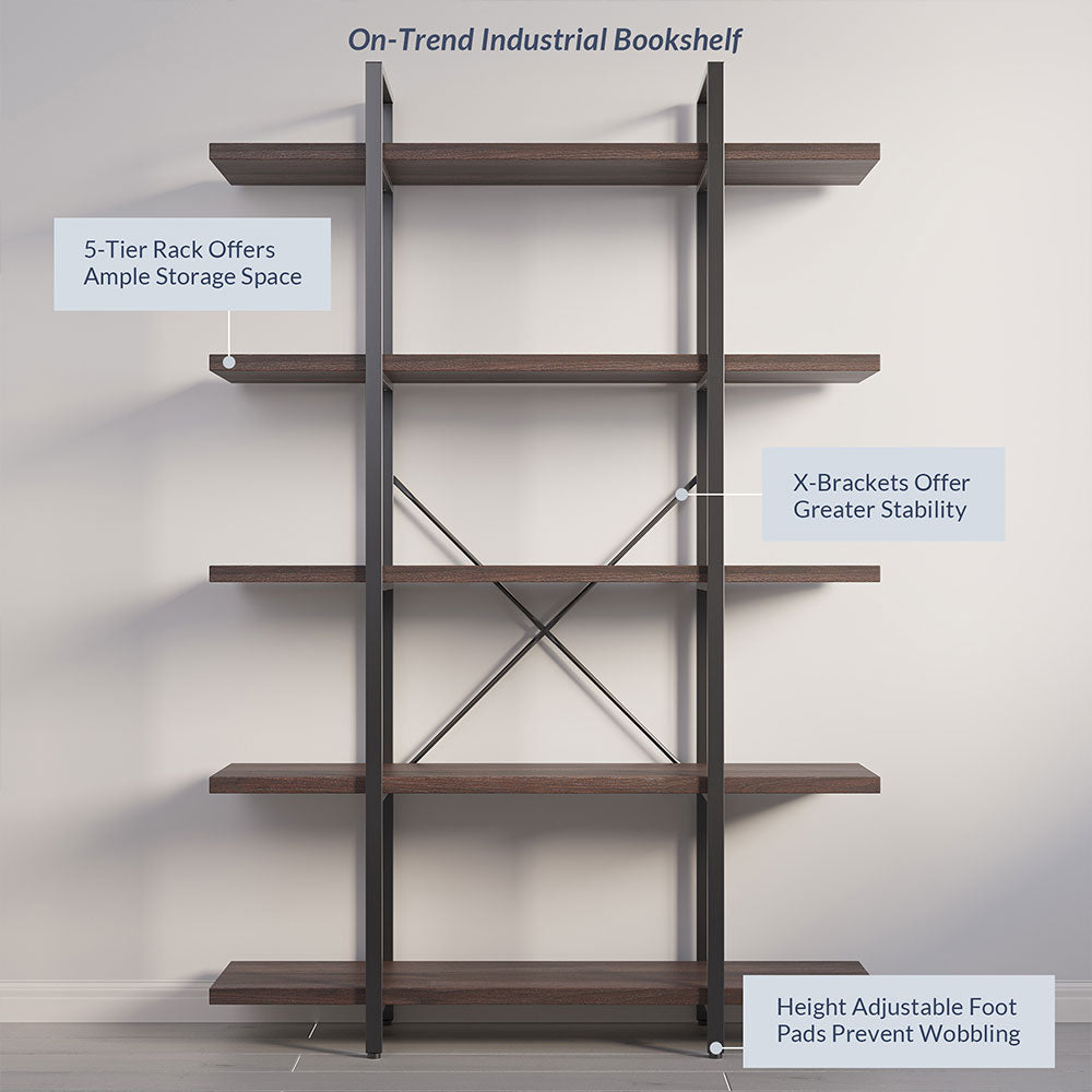 70" Tall 5-Tier Industrial Bookshelf