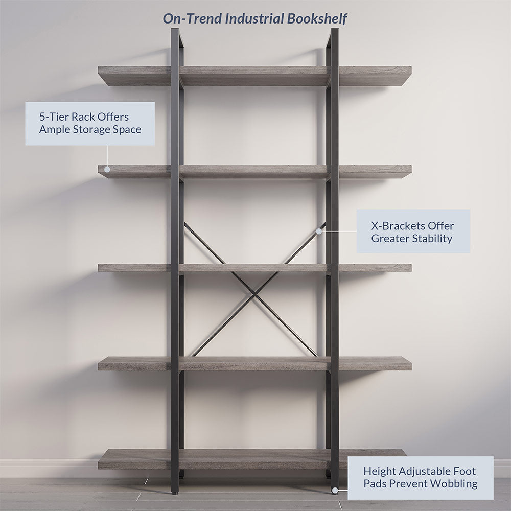 70" Tall 5-Tier Industrial Bookshelf