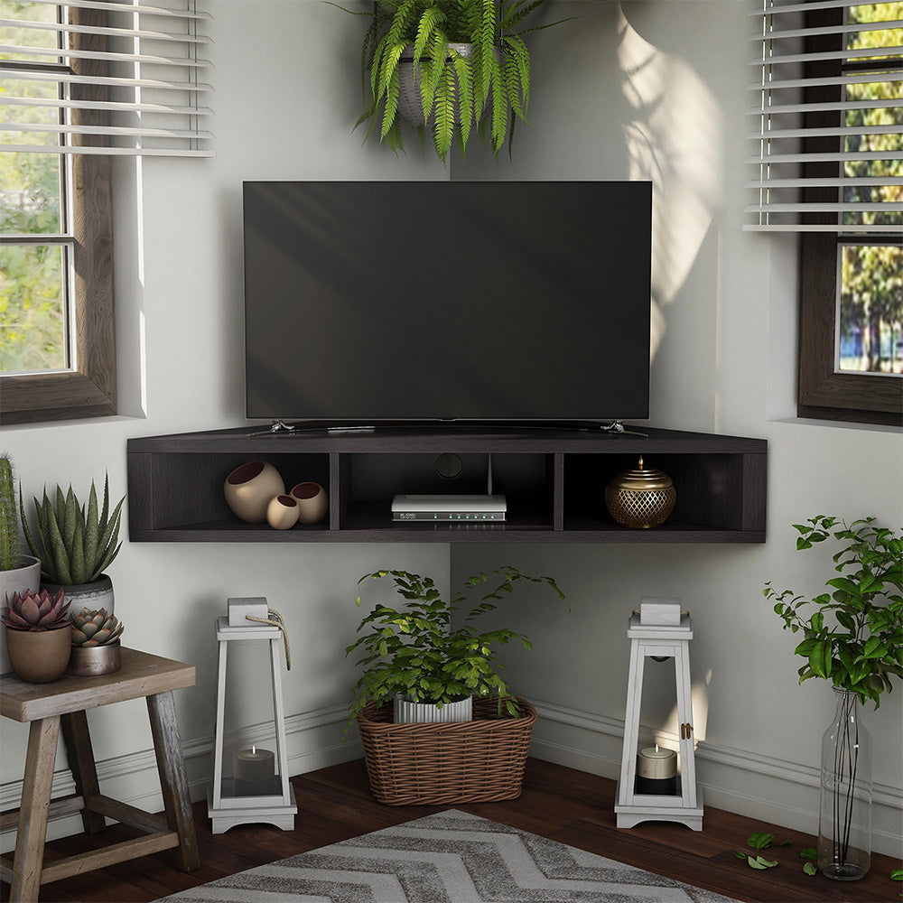 A black floating corner TV stand