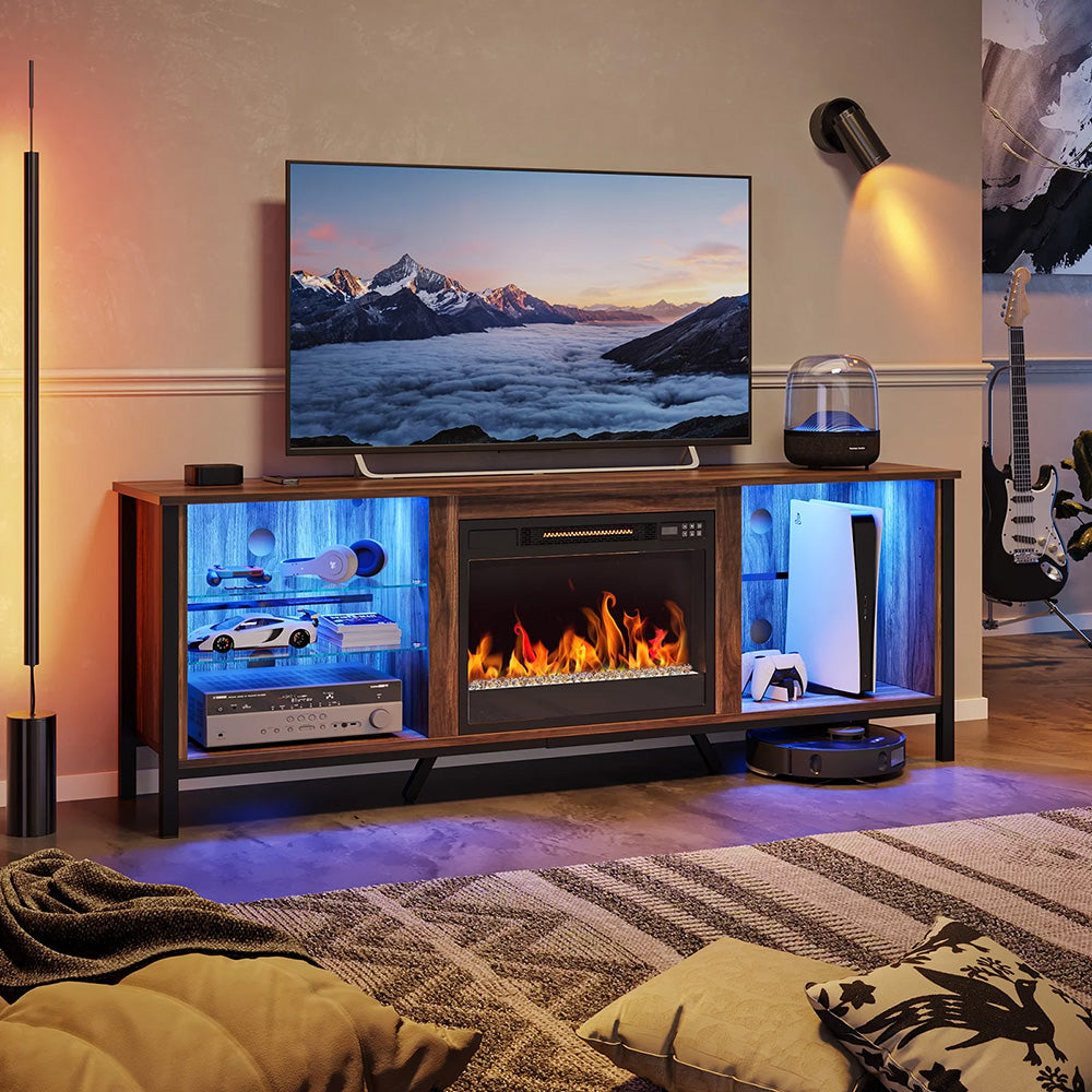 A cool TV that stands with Fireplace