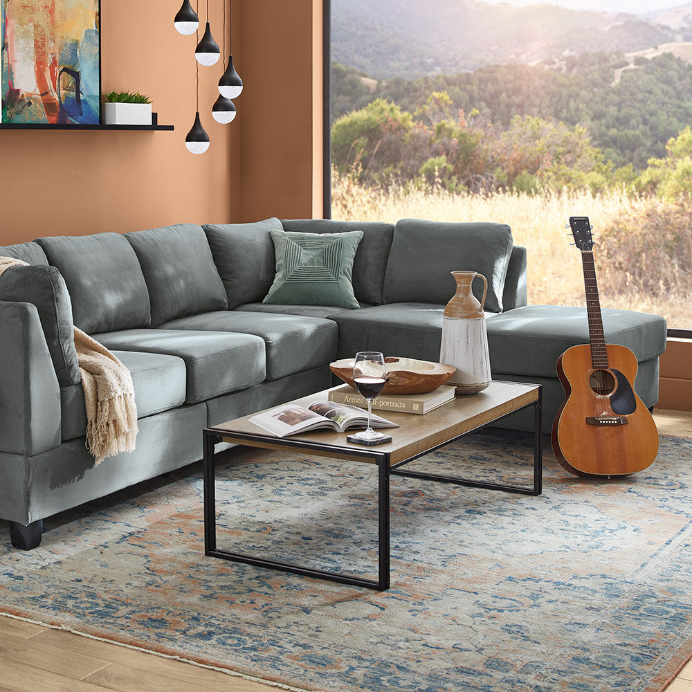 A sectional sofa and patterned rug