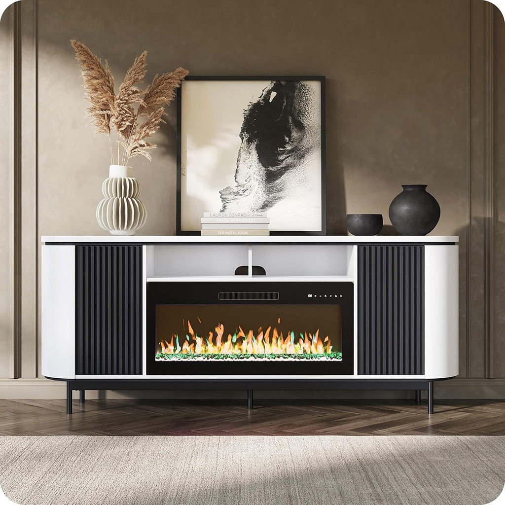 BELLEZE 76 Curved Profile TV Stand with 36 Electric Fireplace