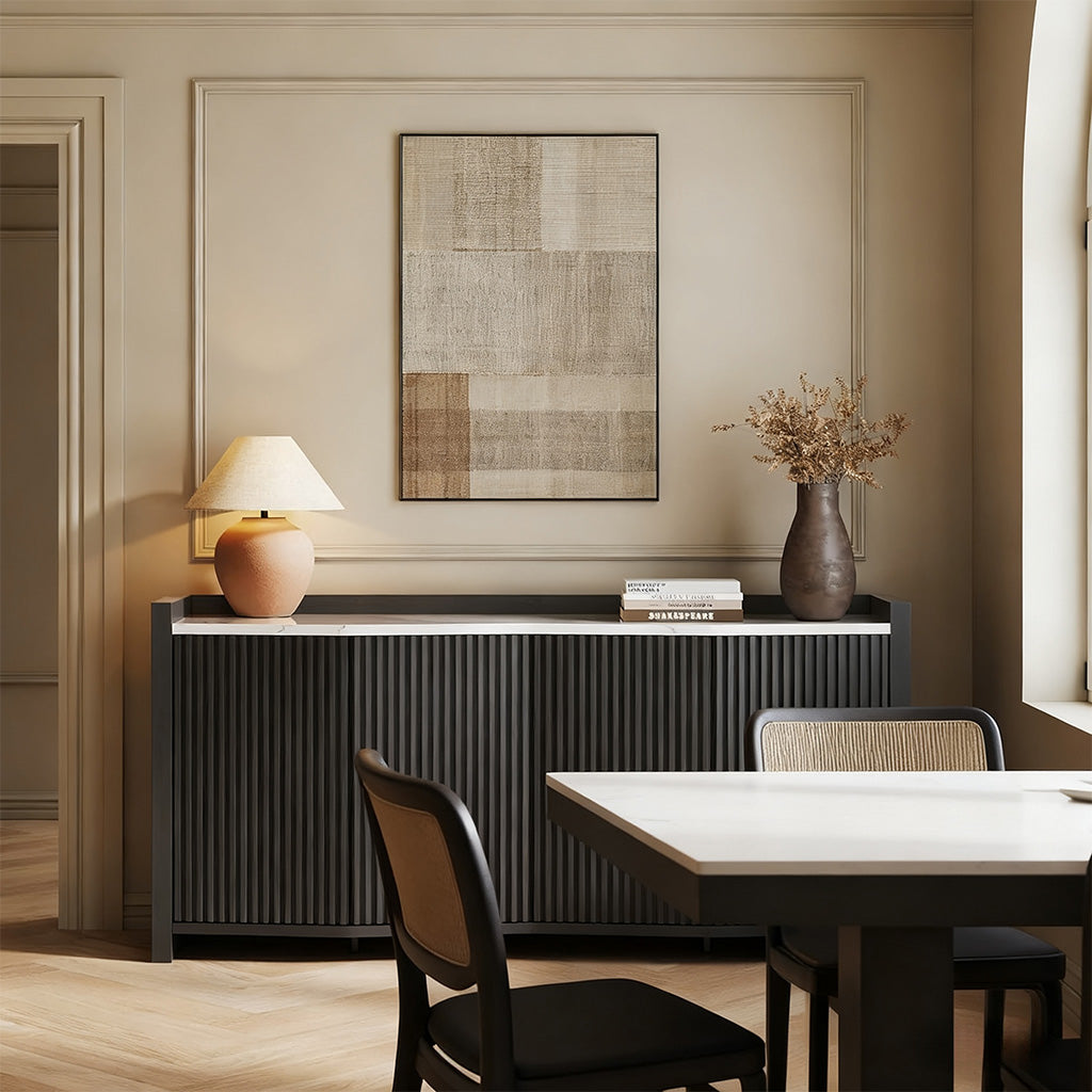 Black Fluted Sideboard with Dining Table and Chairs