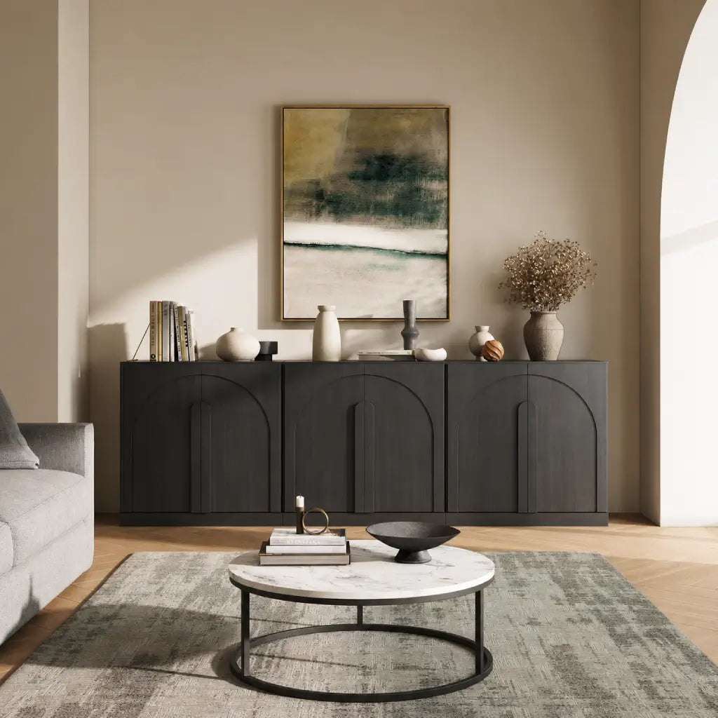 Black modular sideboard in living room