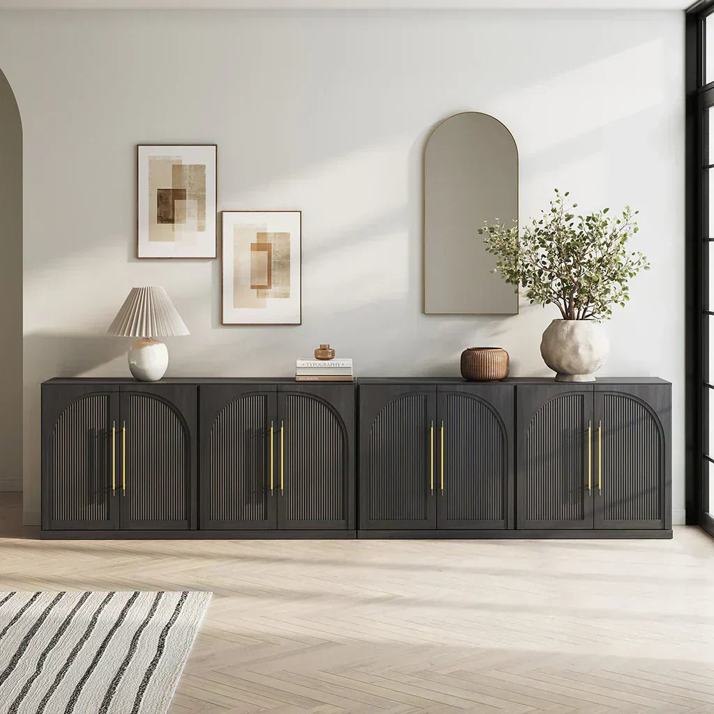 Black modular sideboard with arched doors and gold handles