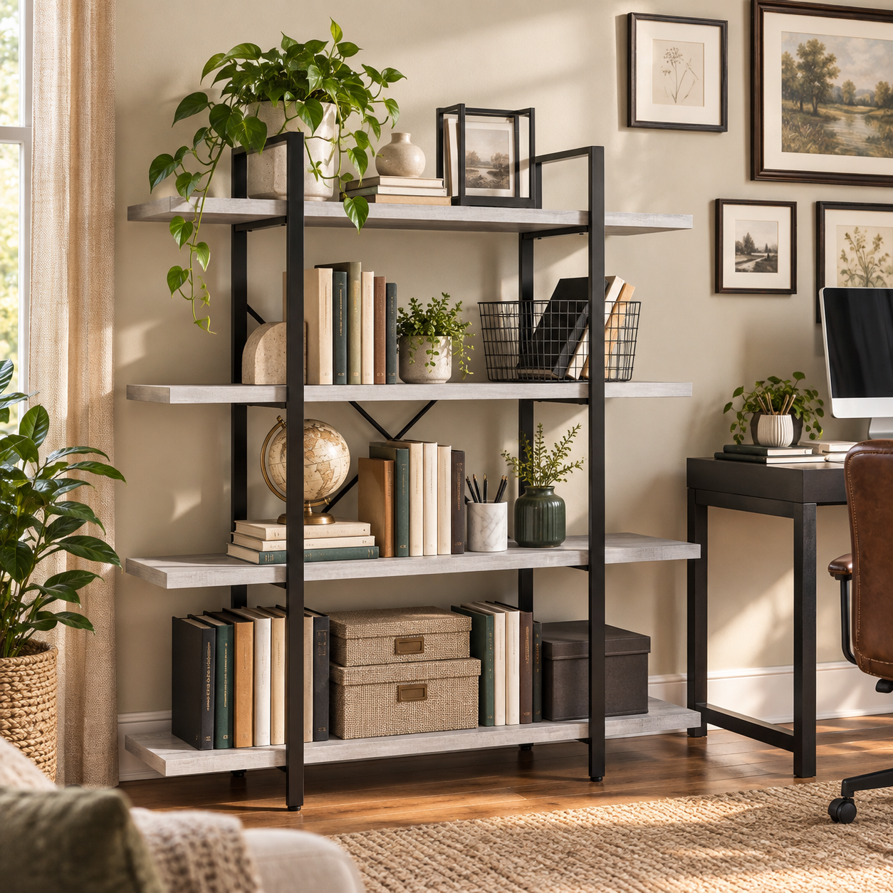 Bookshelf loaded with books and decor
