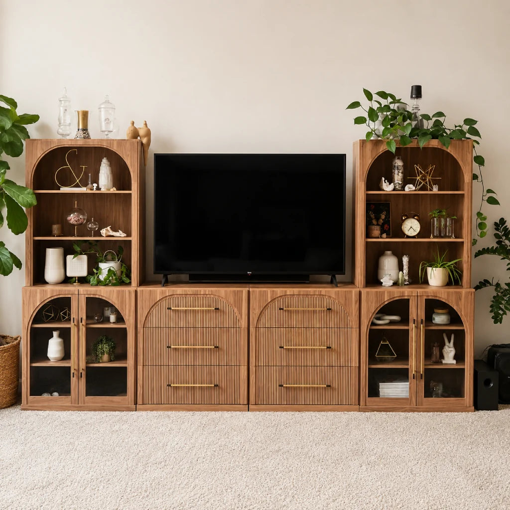 Modular media cabinets fitted along wall