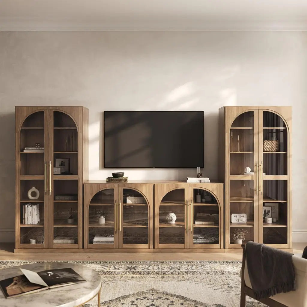 Modular wall-to-wall TV stand with bookcases