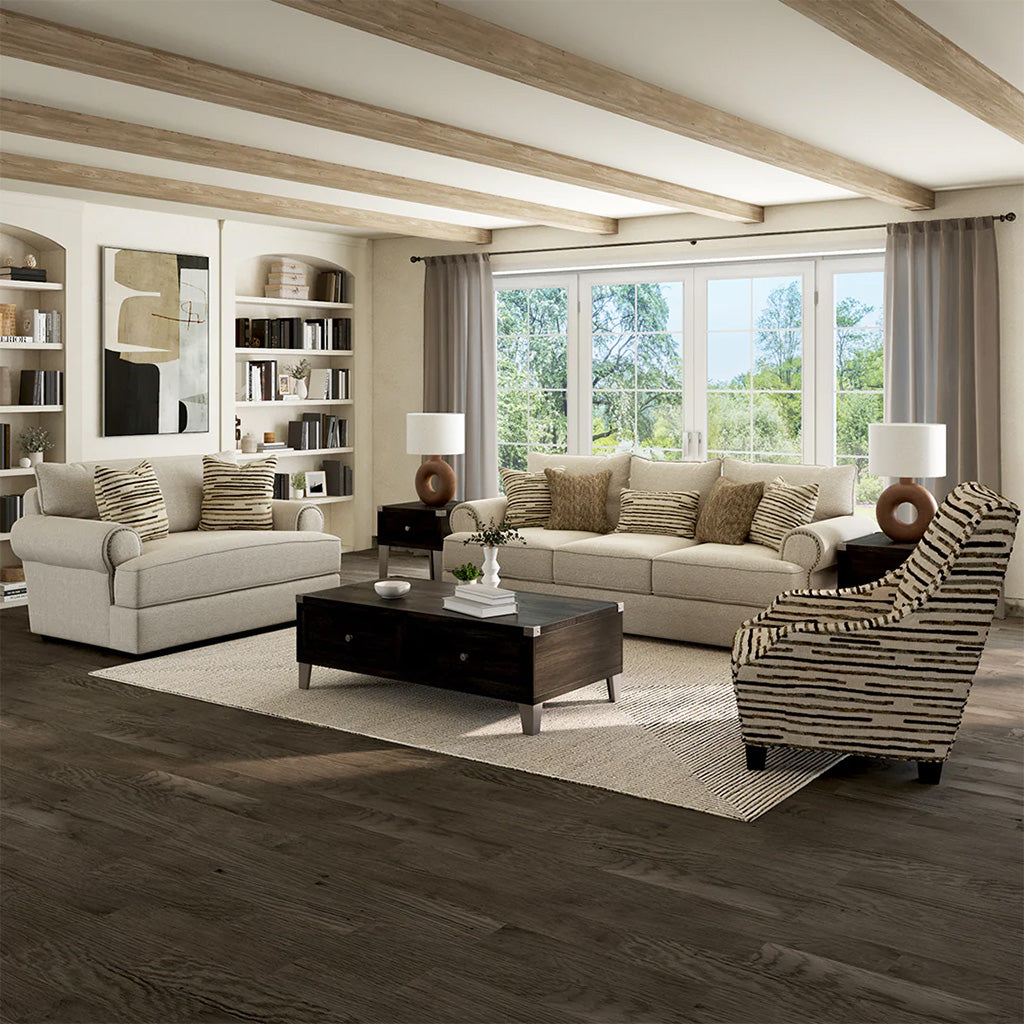 Striped Accent Chairs and Light Gray Sofa Pairing