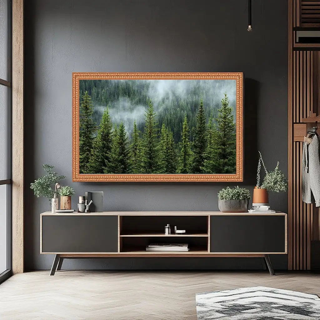 TV styled as wall art above a media console