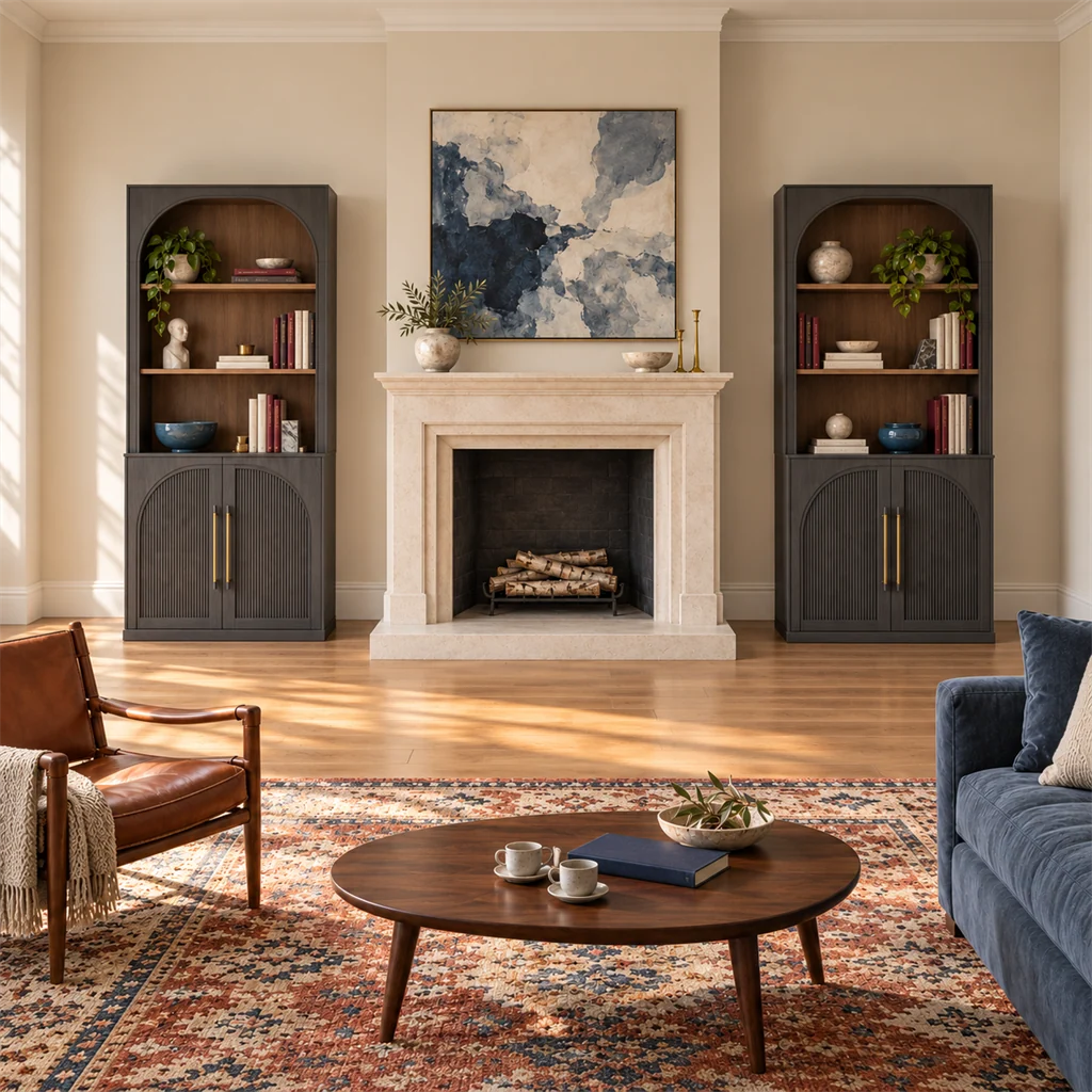 Tall cabinets flanking a stone fireplace