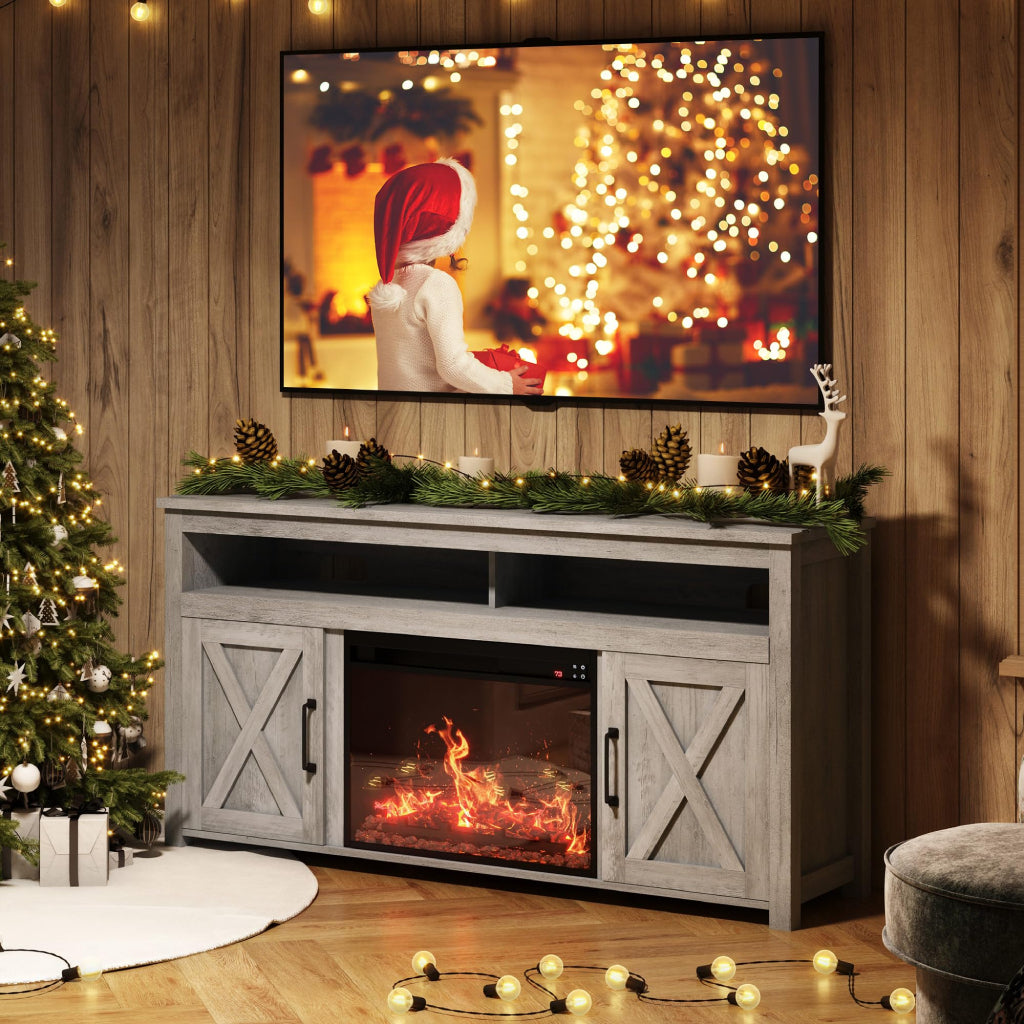 a gray farmhouse TV stand with fireplace