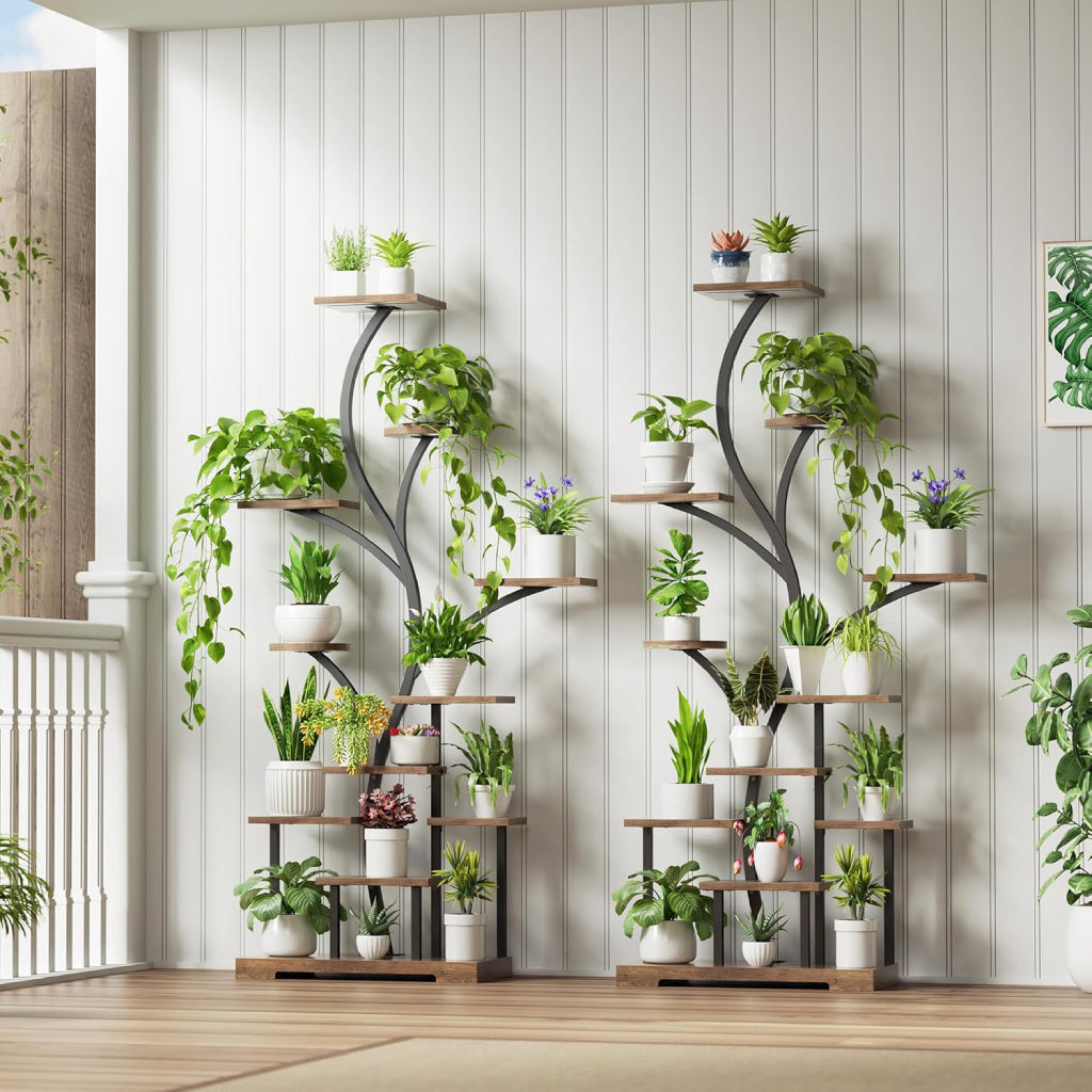 Two identical plant stands placed against the wall