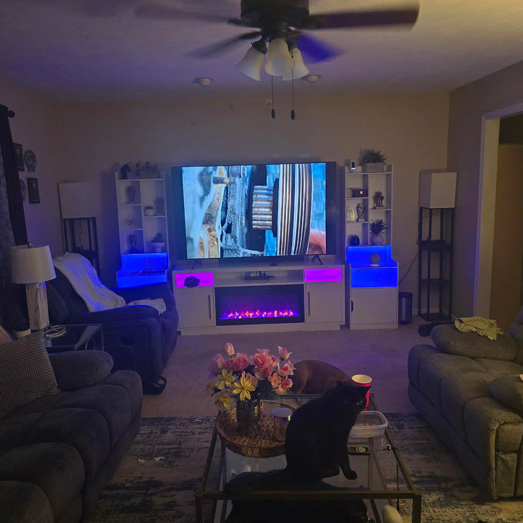 Use mood lighting to complement the fireplace TV stand