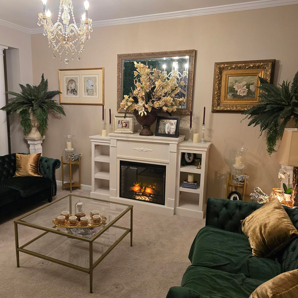White fireplace tv stand in living room