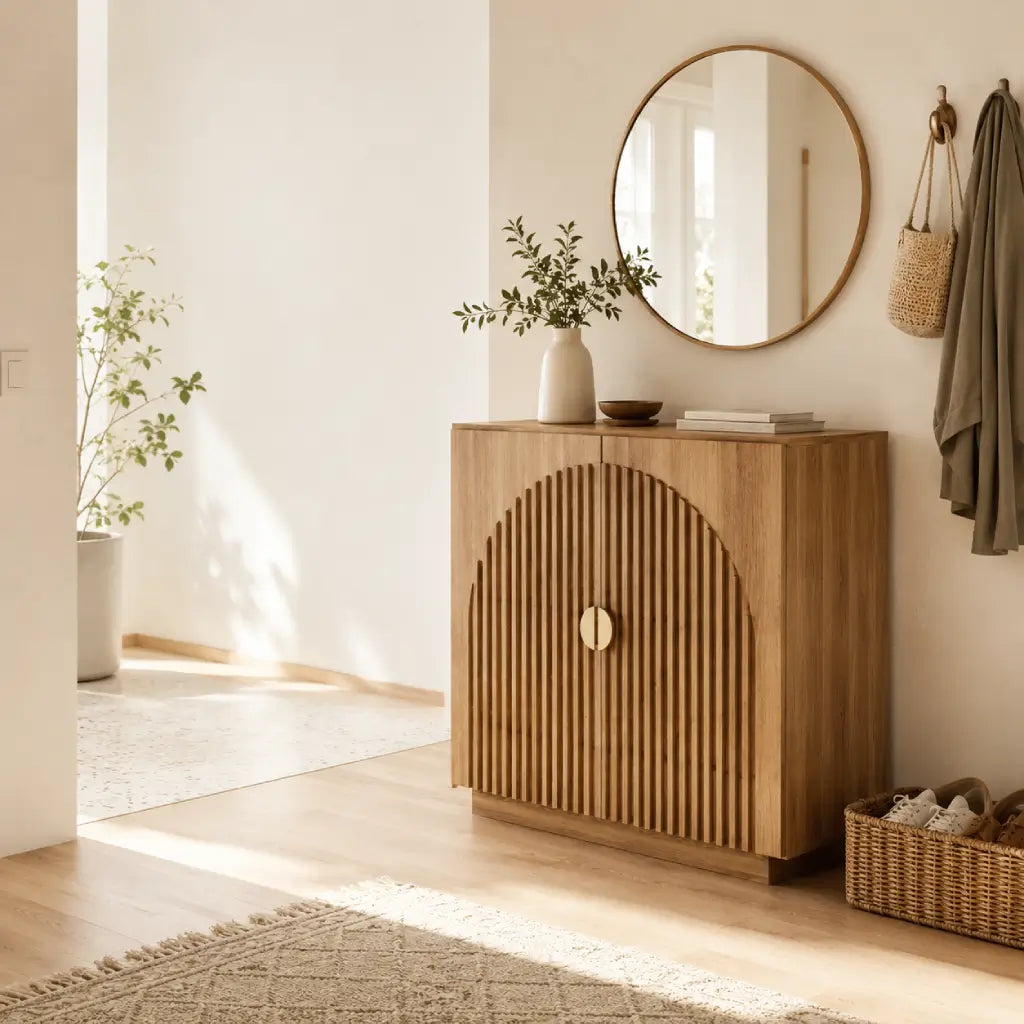 Wooden entryway cabinet with shoe basket