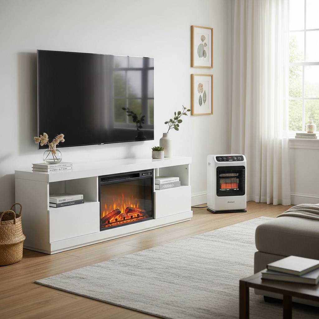 modrn white Fireplace TV Stand vs Space Heater