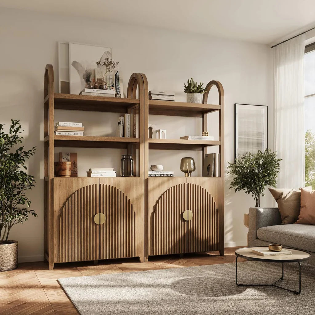 organized wood bookcase in living room