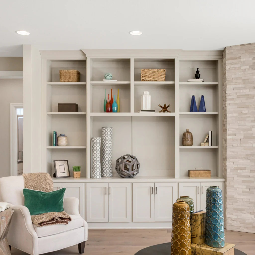white built-in living room wall cabinets with open shelving