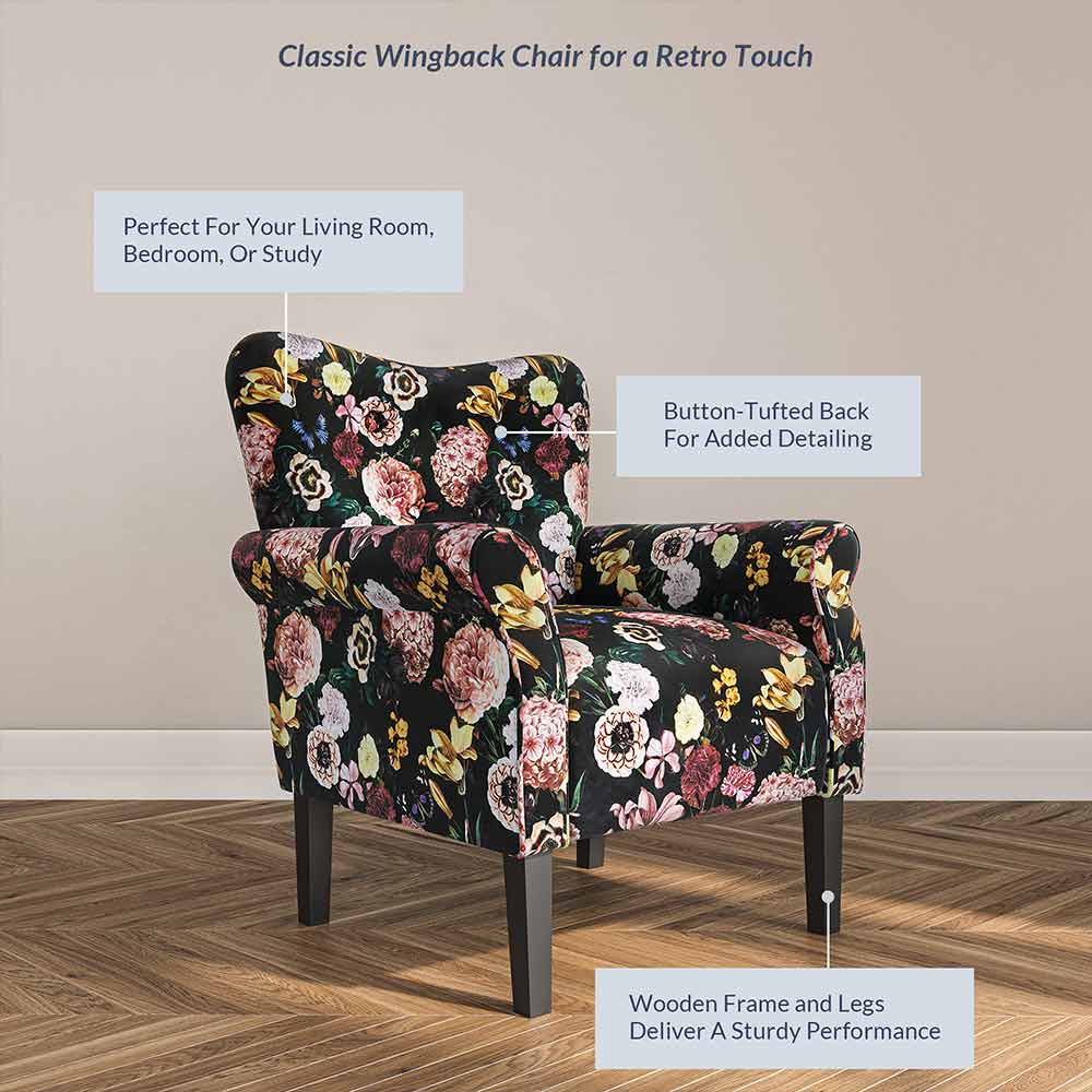 Allston Armchair Floral Design Padded Armrests Dark Wood Legs