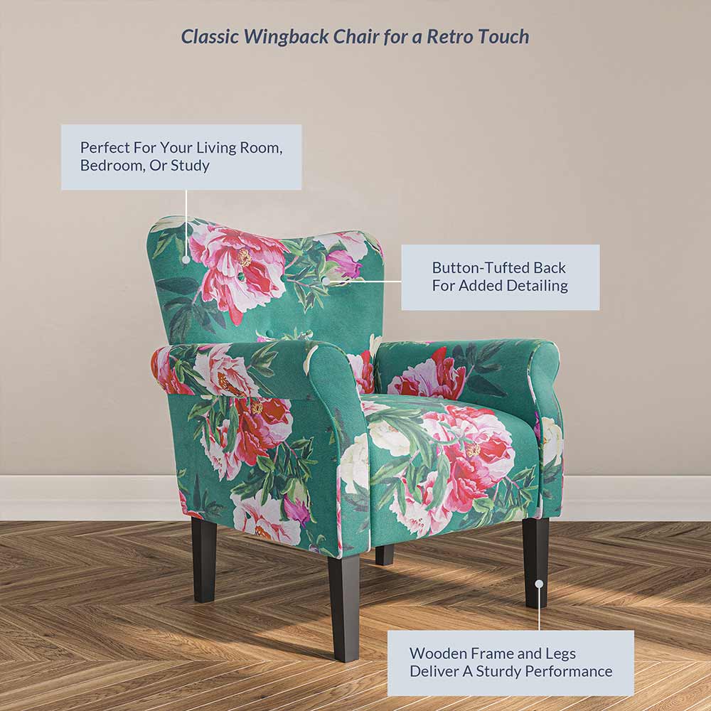 Allston Armchair Floral Design Padded Armrests Dark Wood Legs