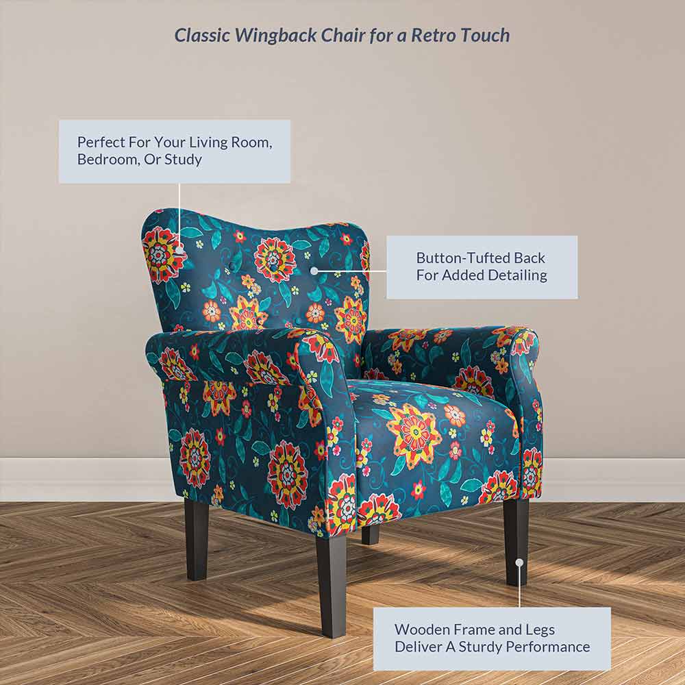 Allston Armchair Floral Design Padded Armrests Dark Wood Legs