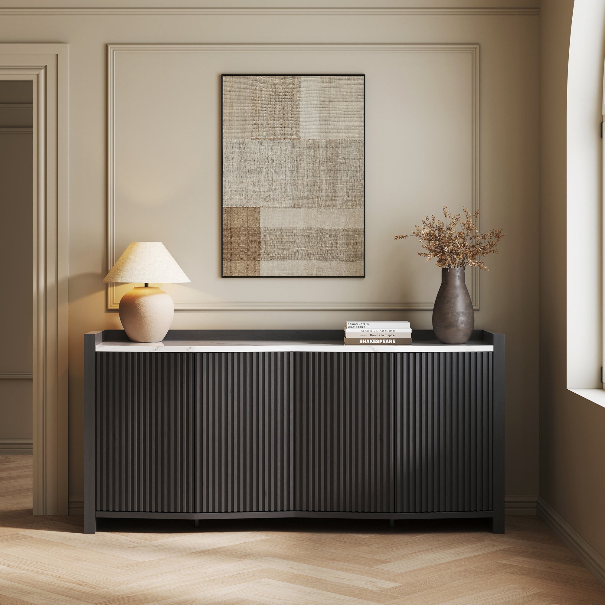 66" Fluted Black Buffet Cabinet with Marble Panel & Adjustable Shelves